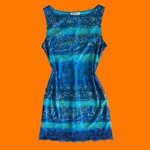 90's vintage blue mesh new age boho bodycon mini dress MEDIUM